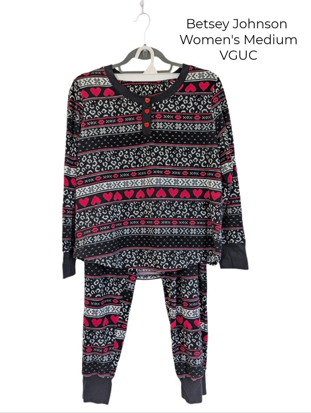Women's Medium Betsey Johnson Black, Pink‎ & White Heart Print Pajama Set